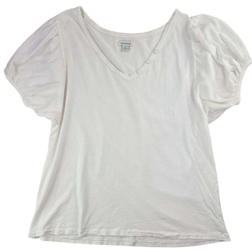 Sundance | White, Puff Sleeve Henley T-Shirt w/ V-Neck| Size Medium